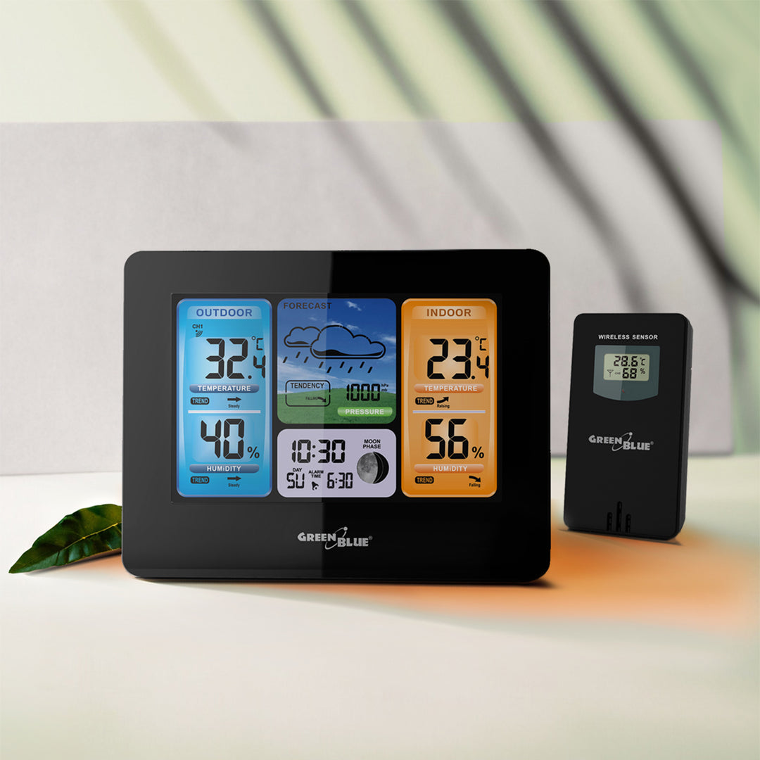 Draadloos weerstation GreenBlue, kleur, met DCF, maanfasen, voedingsadapter, batterijen, GB526