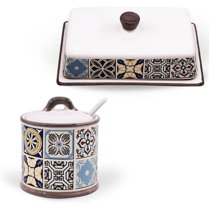 Ceramic sugar bowl Holiday in Porto Maestro, Capacity 300ml, Set includes - ceramic spoon, MR-20005-09 + ceramic butter bowl Holiday in Porto Maestro, MR-20005-45