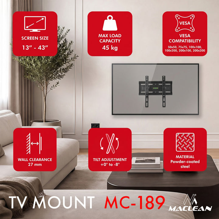 Support / fixation pour téléviseur Maclean, VESA max. 200x200, 13-43", jusqu'à 45 kg, noir, inclinaison réglable de +2° à -10°, MC-189