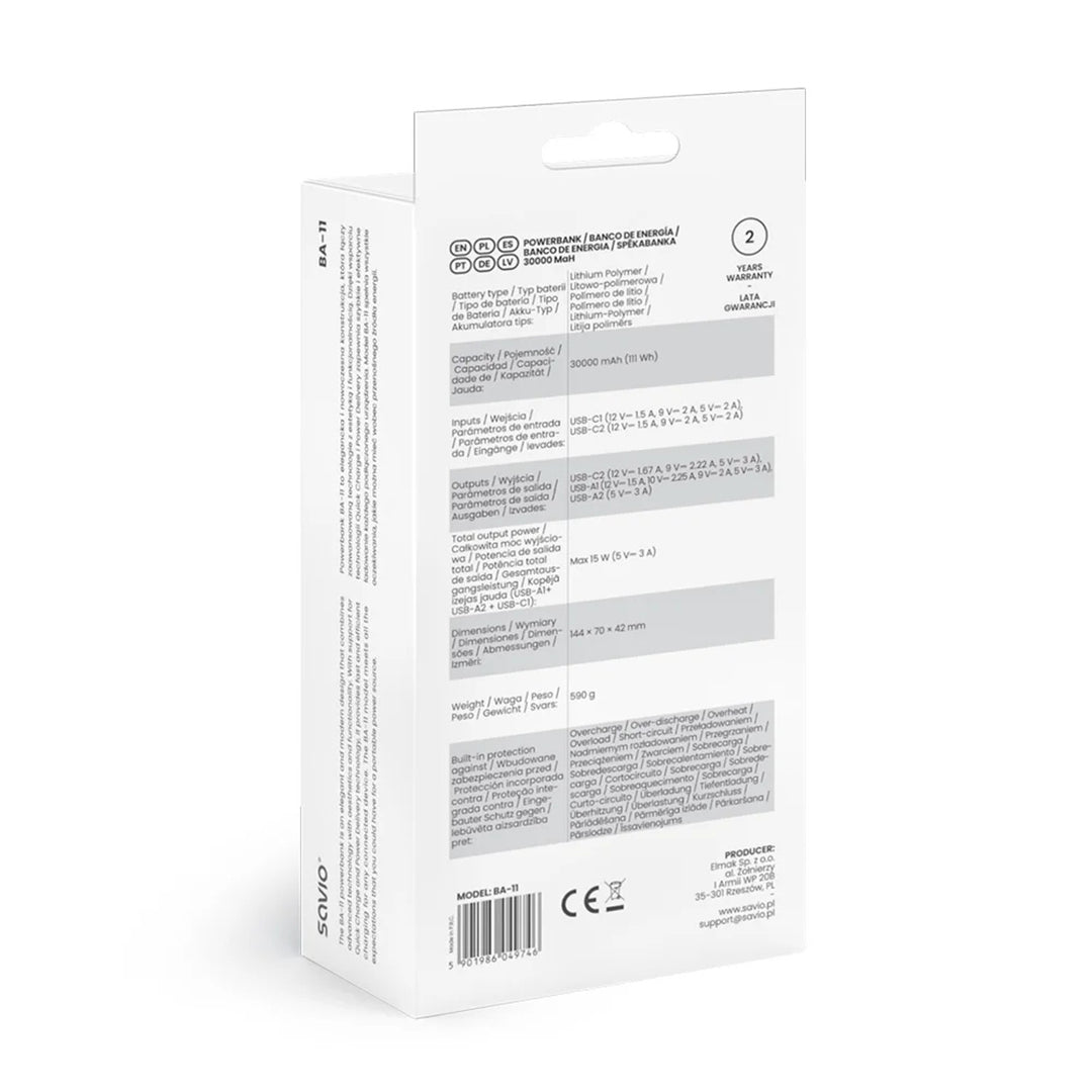 Powerbank SAVIO, 2 porty USB, 1 port USB-C, Quick Charge, Power Delivery, SAVBA-11