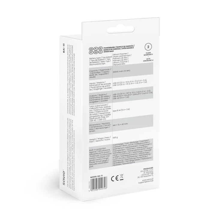 Powerbank SAVIO, 2 porty USB, 1 port USB-C, Quick Charge, Power Delivery, SAVBA-11