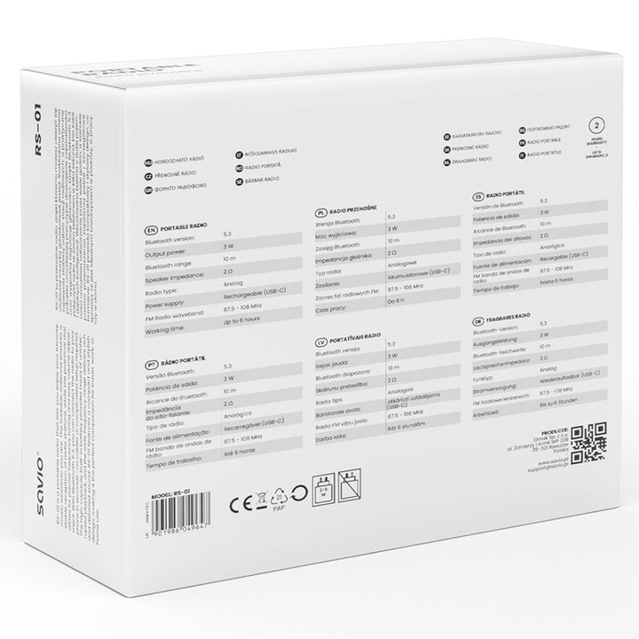 Savio portable FM radio, battery-powered, Bluetooth, AUX, SAVRS-01