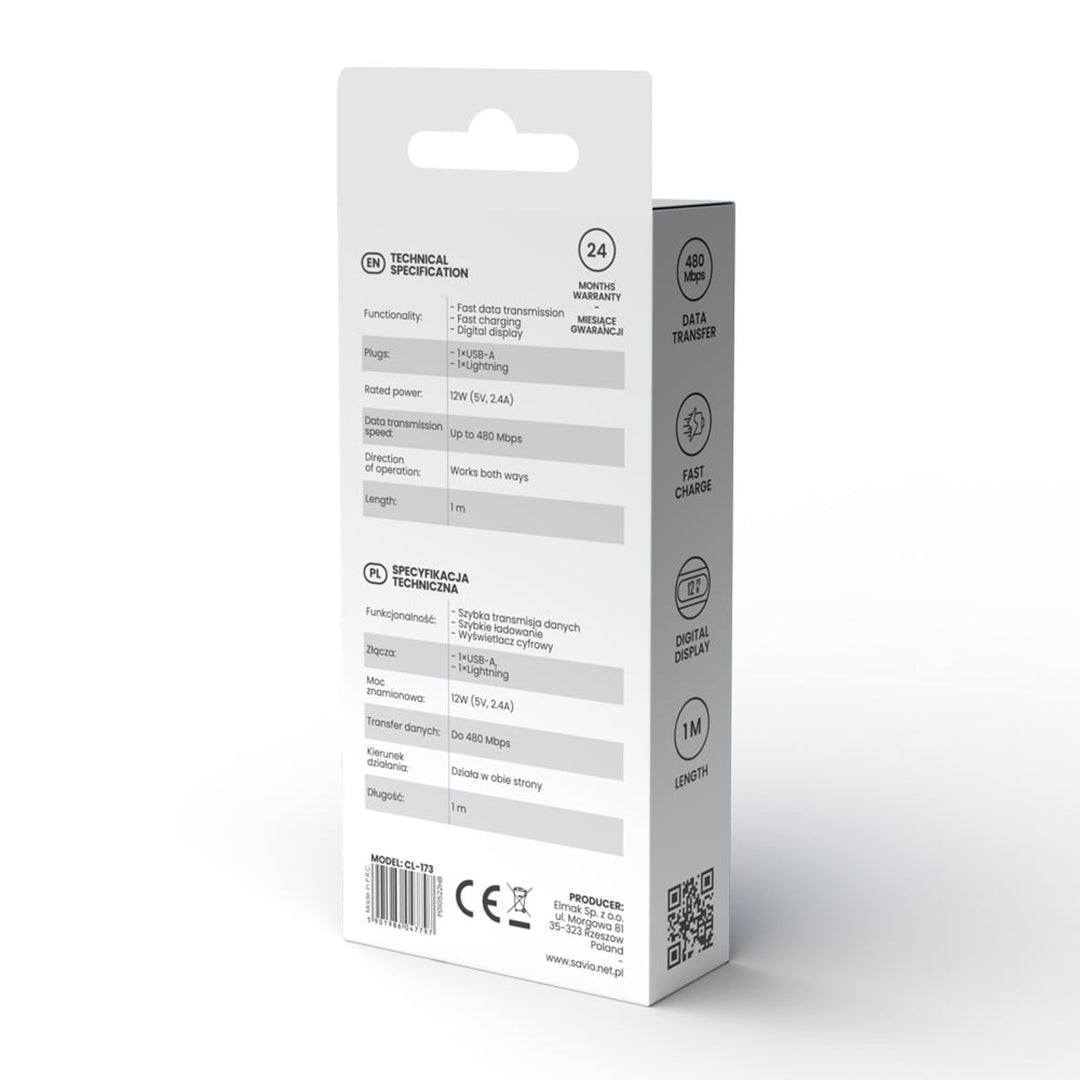 Savio USB to Lightning cable, digital display, length 1m, SAVKABELCL-173