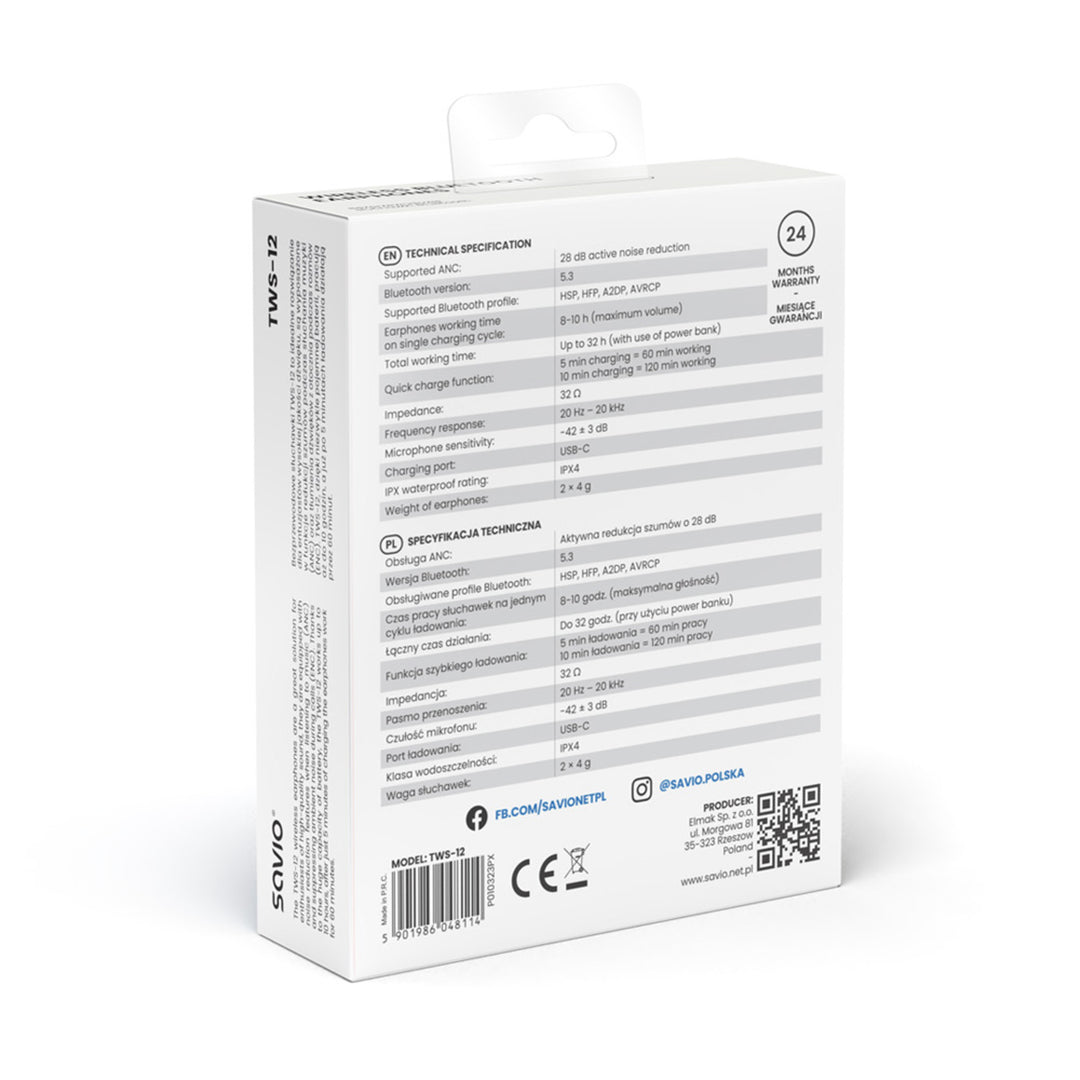 Savio Wireless Headphones, Bluetooth 5.3, ANC, USB-C, black