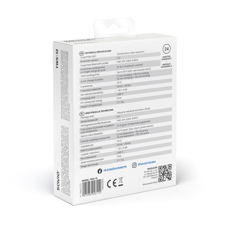 Savio Wireless Headphones, Bluetooth 5.3, ANC, USB-C, black