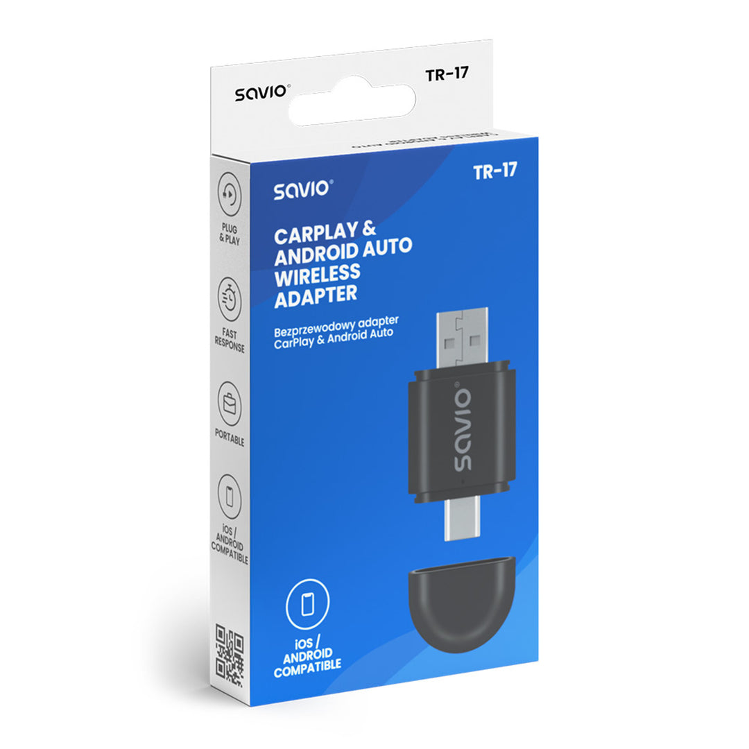 Bezprzewodowy adapter Savio, CarPlay, Android Auto, Bluetooth, Wi-Fi, SAVTR-17