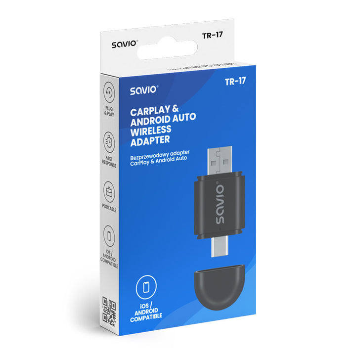 Bezprzewodowy adapter Savio, CarPlay, Android Auto, Bluetooth, Wi-Fi, SAVTR-17