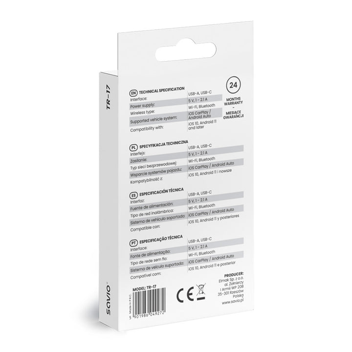 Bezprzewodowy adapter Savio, CarPlay, Android Auto, Bluetooth, Wi-Fi, SAVTR-17