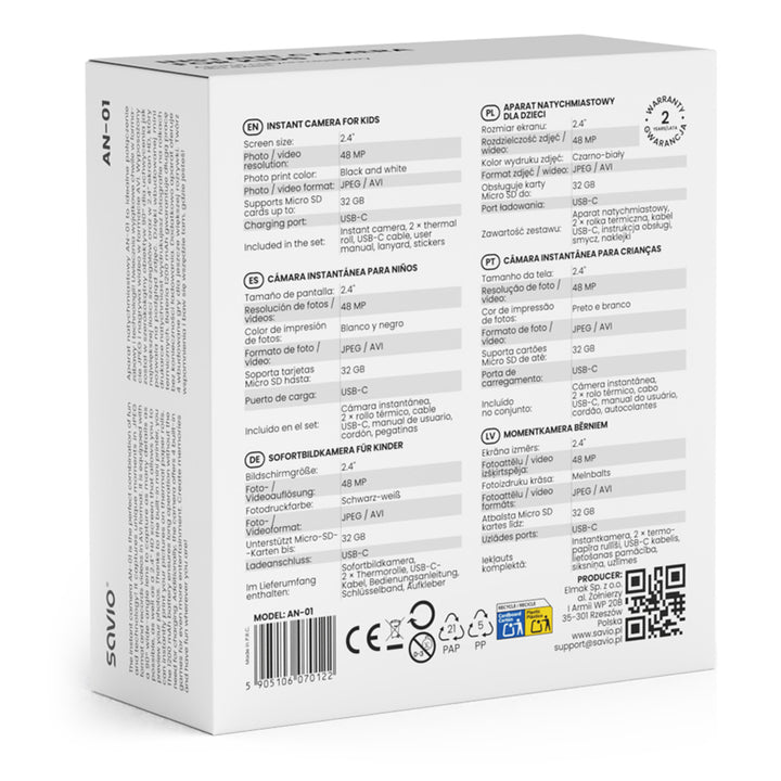 Savio instant camera voor kinderen, 48MP resolutie, 2,4'' scherm, 2 thermische rollen, SAVAN-01