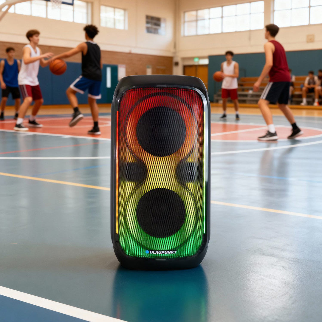 Blaupunkt Party Box Altavoz, iluminación LED, Bluetooth, USB y AUX, radio FM, función karaoke, mando a distancia, autonomía de la batería hasta 18h, PB60X