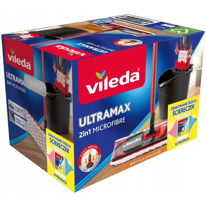 Vileda fregona plana + cubo + 3 paños, Ultramax BOX, sistema de escurrido sin contacto, dos tipos de fibras, 177453