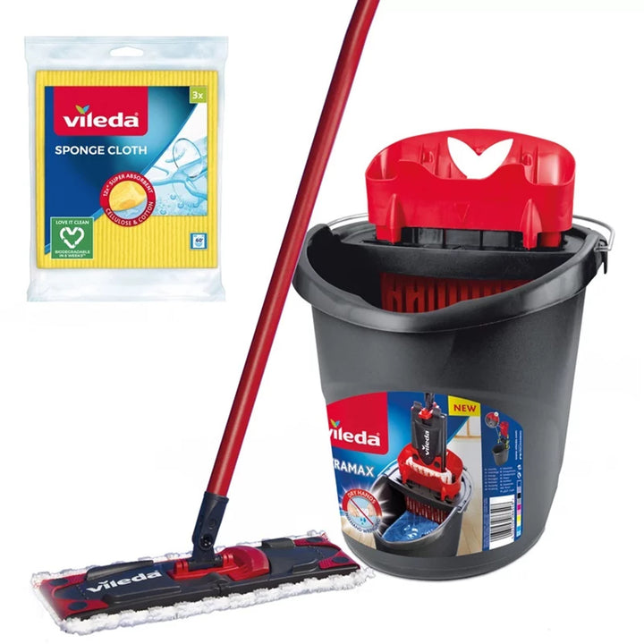 Vileda fregona plana + cubo + 3 paños, Ultramax BOX, sistema de escurrido sin contacto, dos tipos de fibras, 177453