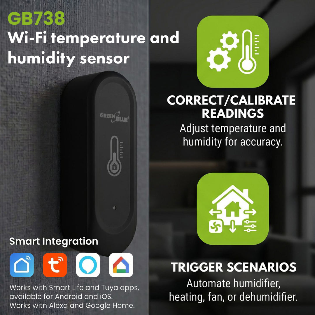 GreenBlue WLAN-Außensensor für Temperatur und Luftfeuchtigkeit, Android/iOS, 3,0 V DC, LR03x2, IP65, GB741