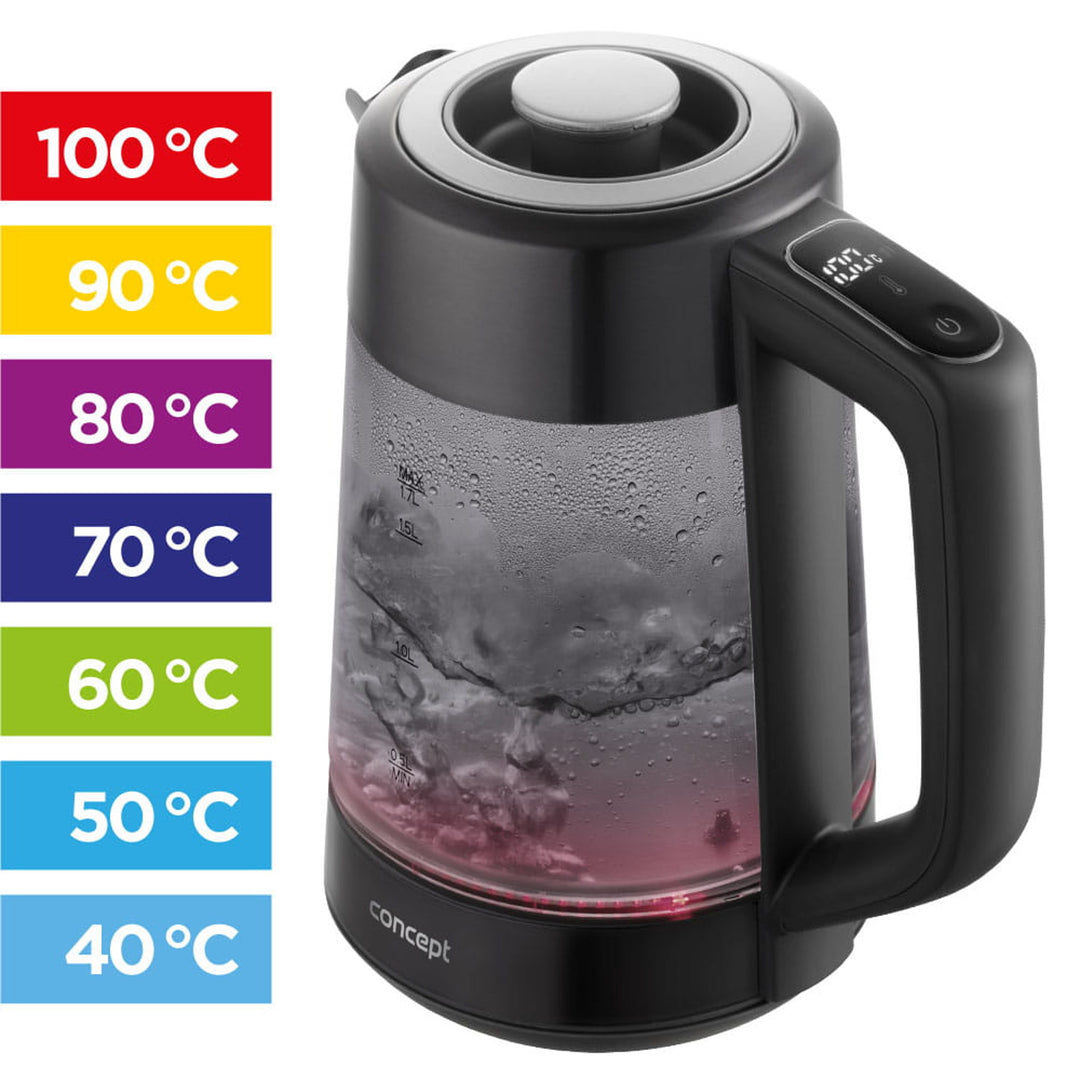 Bouilloire électrique en verre Concept, capacité 1,7 L, puissance 1850-2200 W, couleur noire, connecteur Strix, réglage de la température, commande numérique, RK4195