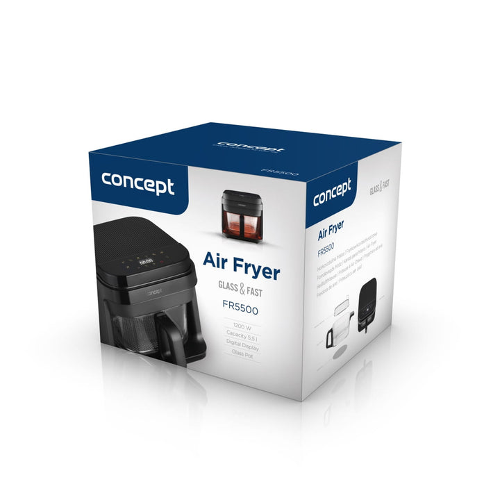 Freidora sin aceite Concept Glass&Fast, capacidad 5,5 l, 7 programas, pantalla LED táctil, modo de fritura saludable, recipiente de cristal, FR5500