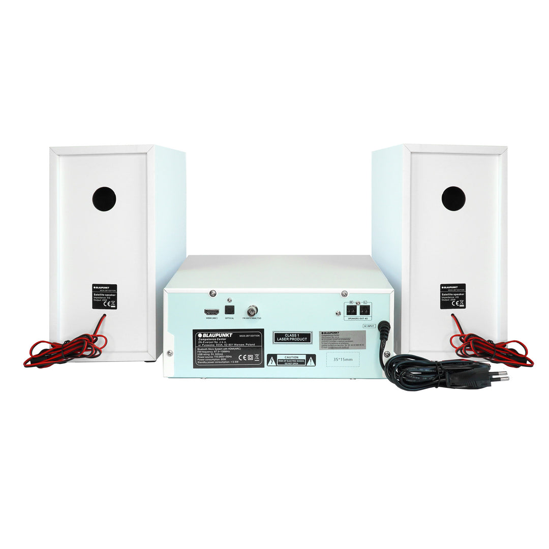 Blaupunkt micro system, 150W power, FM radio, AUX socket and USB port, Bluetooth, HDMI input, clock with alarm, LED display, white color, MS30.02BT
