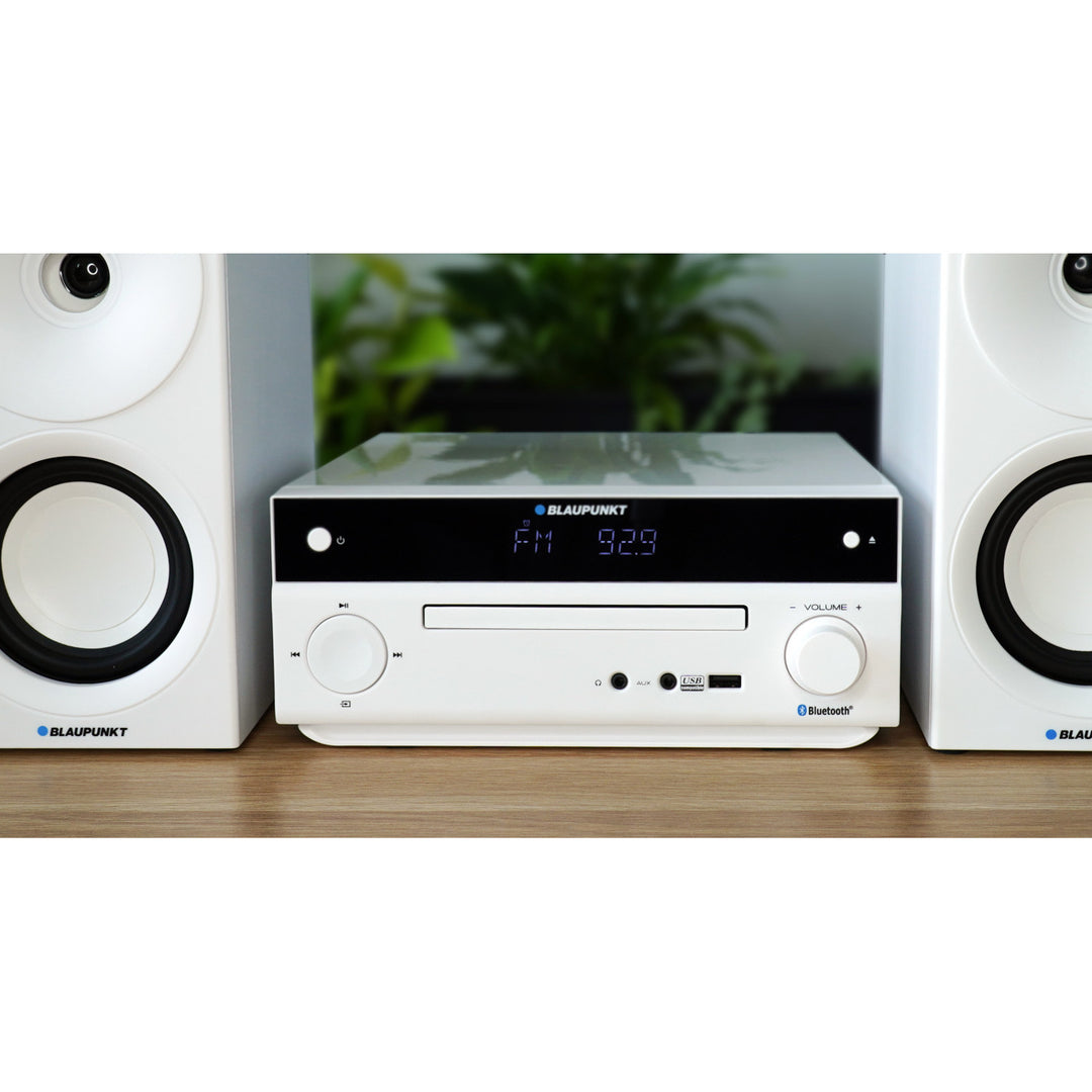 Blaupunkt micro system, 150W power, FM radio, AUX socket and USB port, Bluetooth, HDMI input, clock with alarm, LED display, white color, MS30.02BT