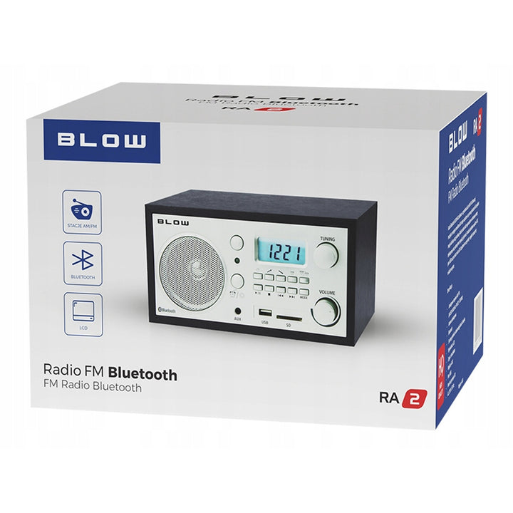 Radio portátil analógica Blow, función Bluetooth, conectores USB, AUX y SD, recepción de emisoras de radio AM/FM, pantalla LCD, reloj y despertador, 77-531#