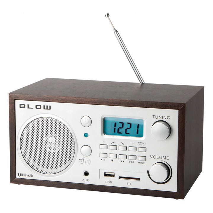 Radio portátil analógica Blow, función Bluetooth, conectores USB, AUX y SD, recepción de emisoras de radio AM/FM, pantalla LCD, reloj y despertador, 77-531#
