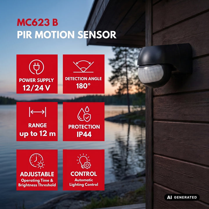 Maclean 12-24V PIR Motion Sensor, infrared, IP44, black, 12m range, max. load 60/120W, MCE623 B