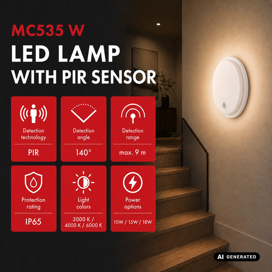 Maclean LED Lamp with Motion Sensor, PIR Sensor, White, 10W/15W/18W, IP65, Adjustable Color Temperature 3000K/4000K/6000K, MCE535 W