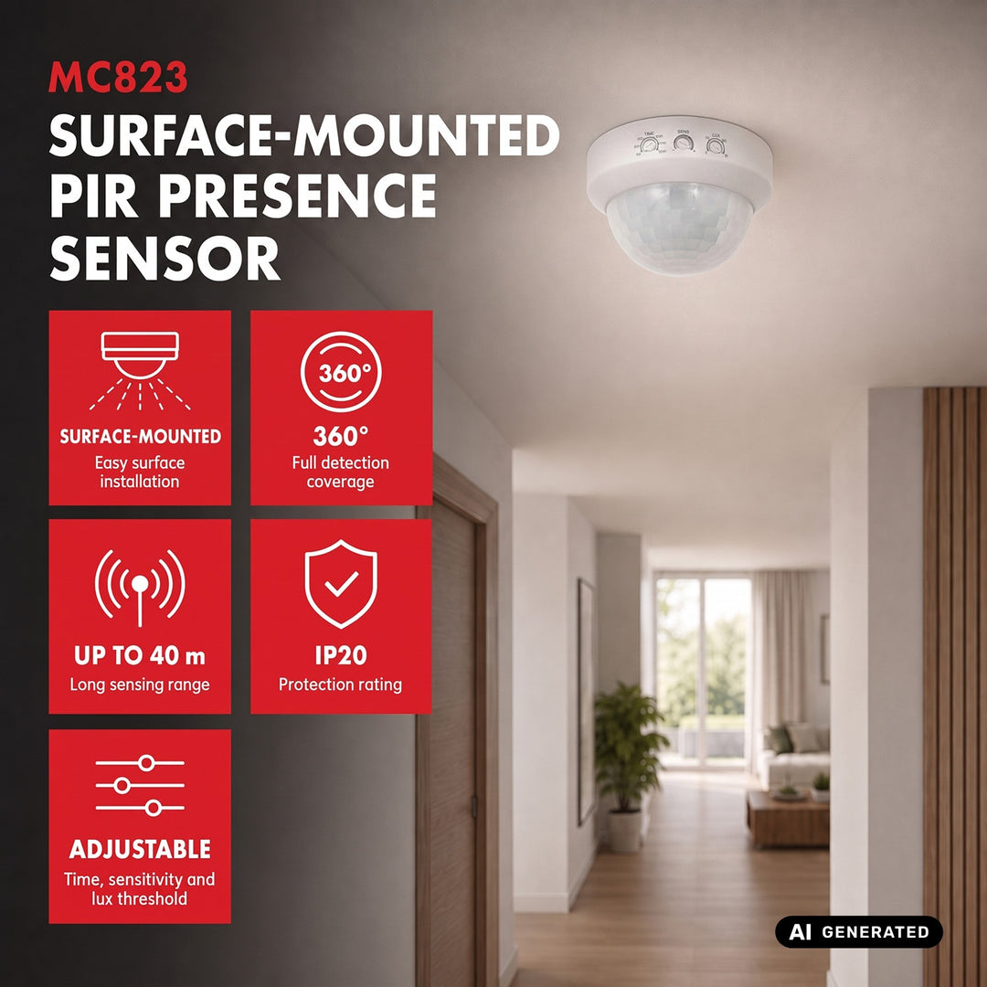 Maclean PIR Motion Sensor, Surface-Mount, Range 10x40m, 1000W/2000W, 220-240V AC, 50/60Hz, MCE823