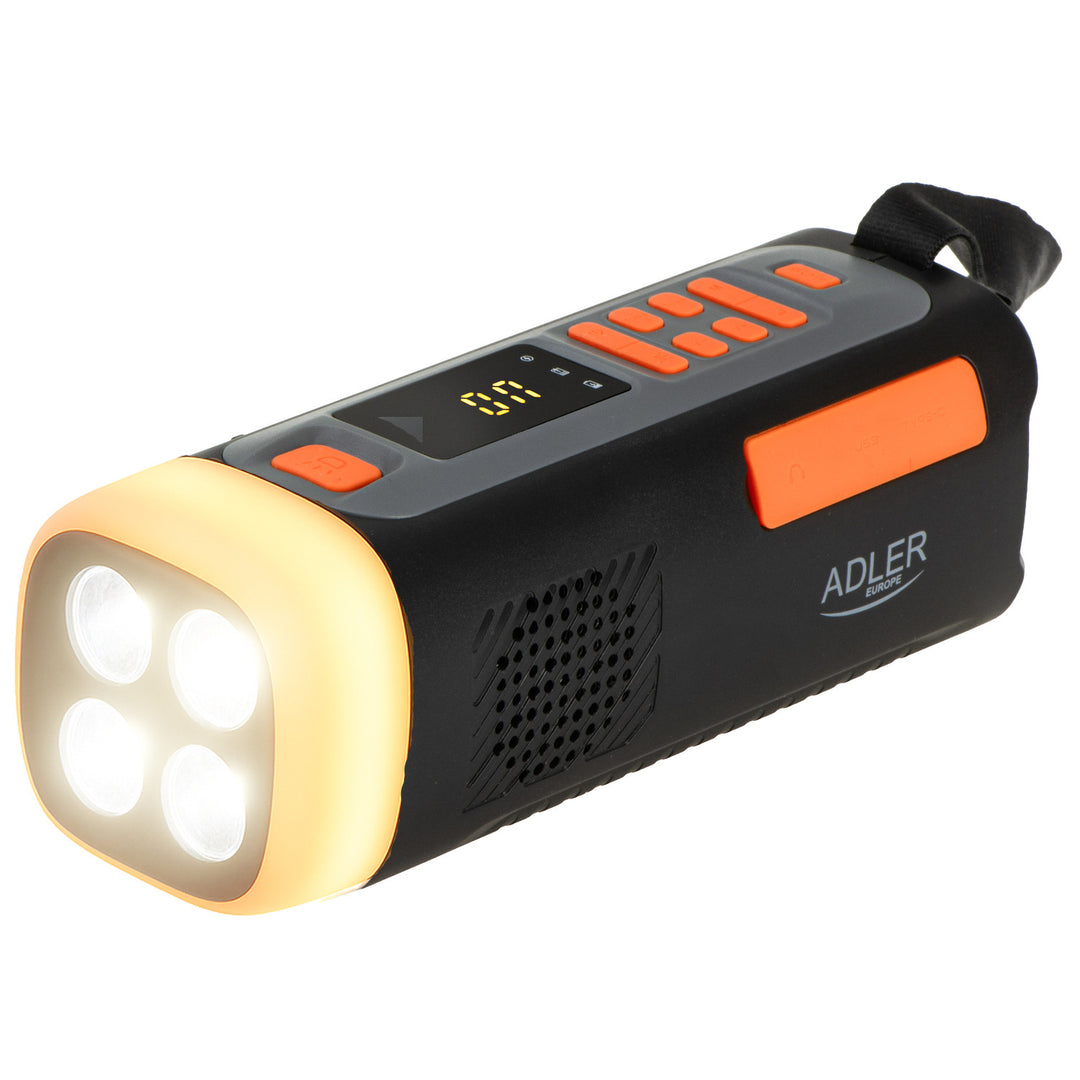 Radio de emergencia Adler, con panel solar, manivela y batería externa, Bluetooth 5.0, linterna LED de 4 W, 4500 mAh, AD 1920