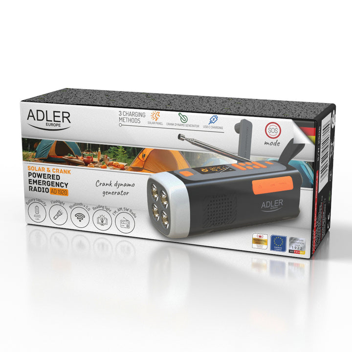 Radio de emergencia Adler, con panel solar, manivela y batería externa, Bluetooth 5.0, linterna LED de 4 W, 4500 mAh, AD 1920