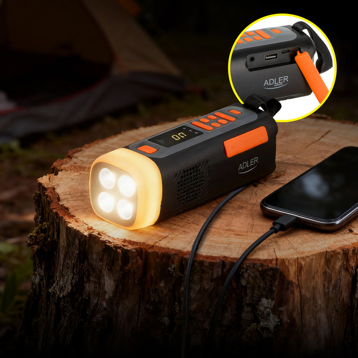 Radio de emergencia Adler, con panel solar, manivela y batería externa, Bluetooth 5.0, linterna LED de 4 W, 4500 mAh, AD 1920
