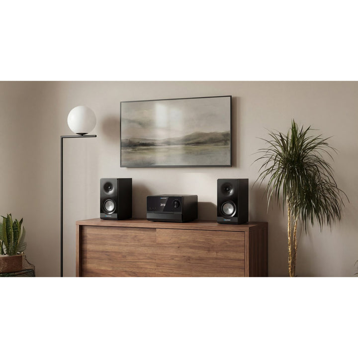 Microtorre Blaupunkt, potencia 100 W RMS, sintonizador DAB+, pantalla LED, radio FM, antena telescópica incluida, conector HDMI ARC, CD/MP3/USB/BT, reloj con función de alarma, MS49DAB