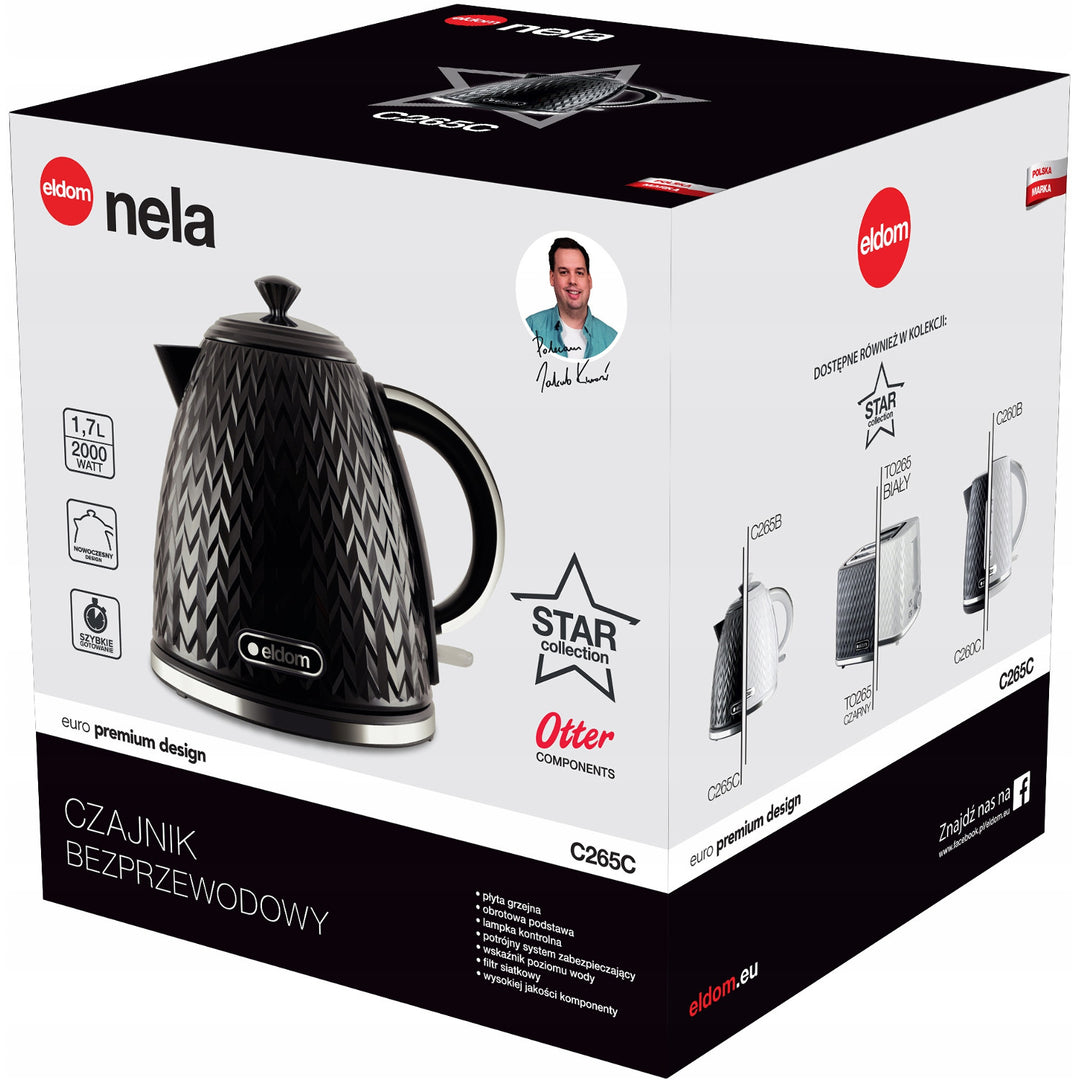 Eldom electric kettle, black, 2000W power, 1.7L capacity, water level indicator, mesh filter, C265C