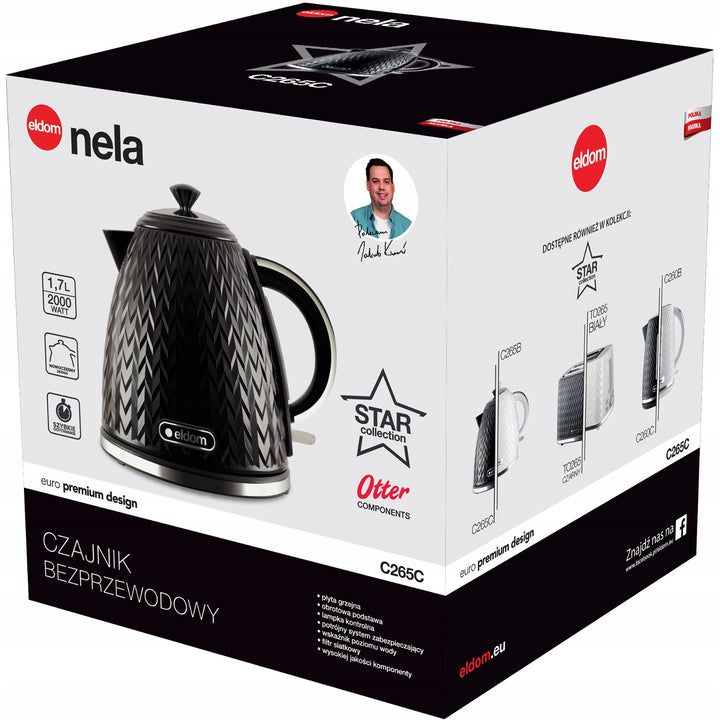 Eldom electric kettle, black, 2000W power, 1.7L capacity, water level indicator, mesh filter, C265C