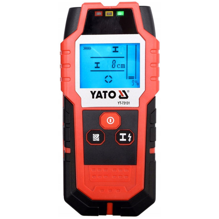 Détecteur professionnel de câbles et profilés Yato, grand écran avec rétroéclairage LED, housse incluse, signal sonore et trois voyants lumineux, réglage de la puissance de détection, YT-73131