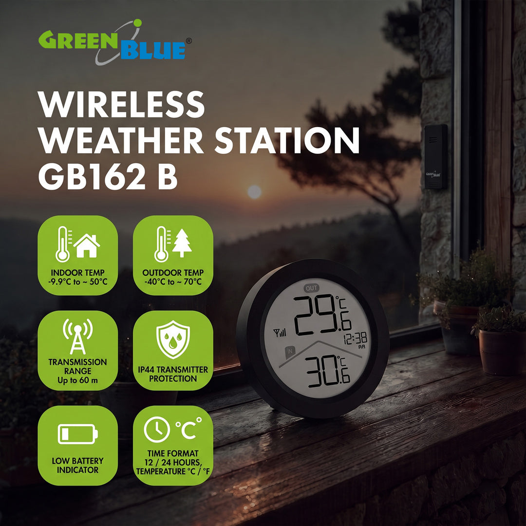 GreenBlue Funk-Wetterstation, Innen-/Außentemperatur, Uhr, wahlweise °C / °F, Reichweite bis zu 60 m, schwarz, GB162 B