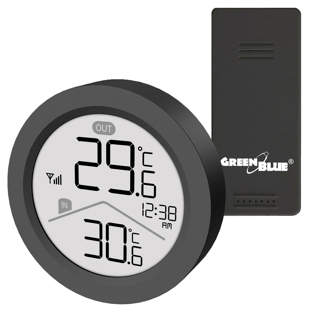 GreenBlue Funk-Wetterstation, Innen-/Außentemperatur, Uhr, wahlweise °C / °F, Reichweite bis zu 60 m, schwarz, GB162 B