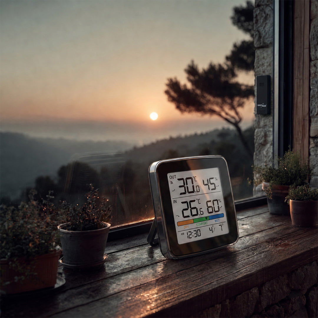 GreenBlue Funk-Wetterstation, Temperatur + Luftfeuchtigkeit IN/OUT, Uhr + Wecker + Datum, °C / °F, bis zu 60 m, schwarz, GB169 B