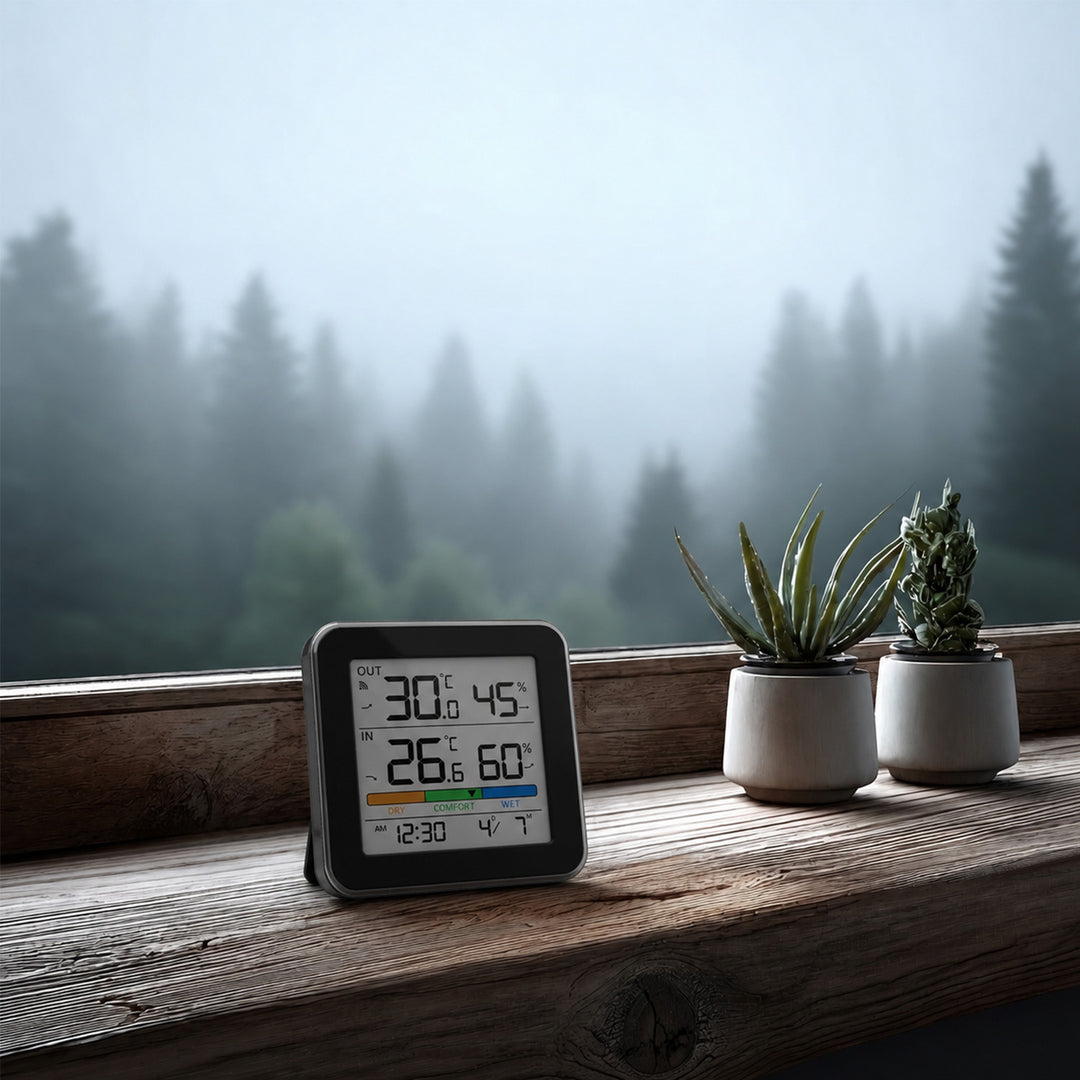 GreenBlue Funk-Wetterstation, Temperatur + Luftfeuchtigkeit IN/OUT, Uhr + Wecker + Datum, °C / °F, bis zu 60 m, schwarz, GB169 B