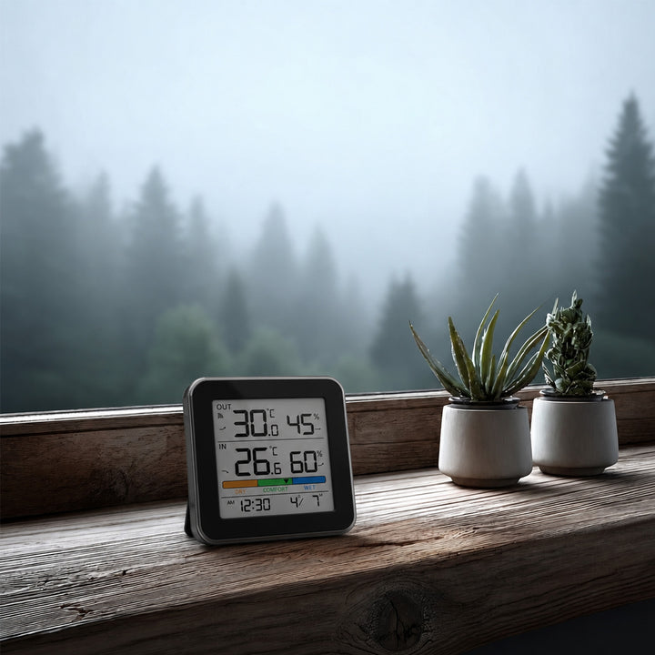 GreenBlue Funk-Wetterstation, Temperatur + Luftfeuchtigkeit IN/OUT, Uhr + Wecker + Datum, °C / °F, bis zu 60 m, schwarz, GB169 B