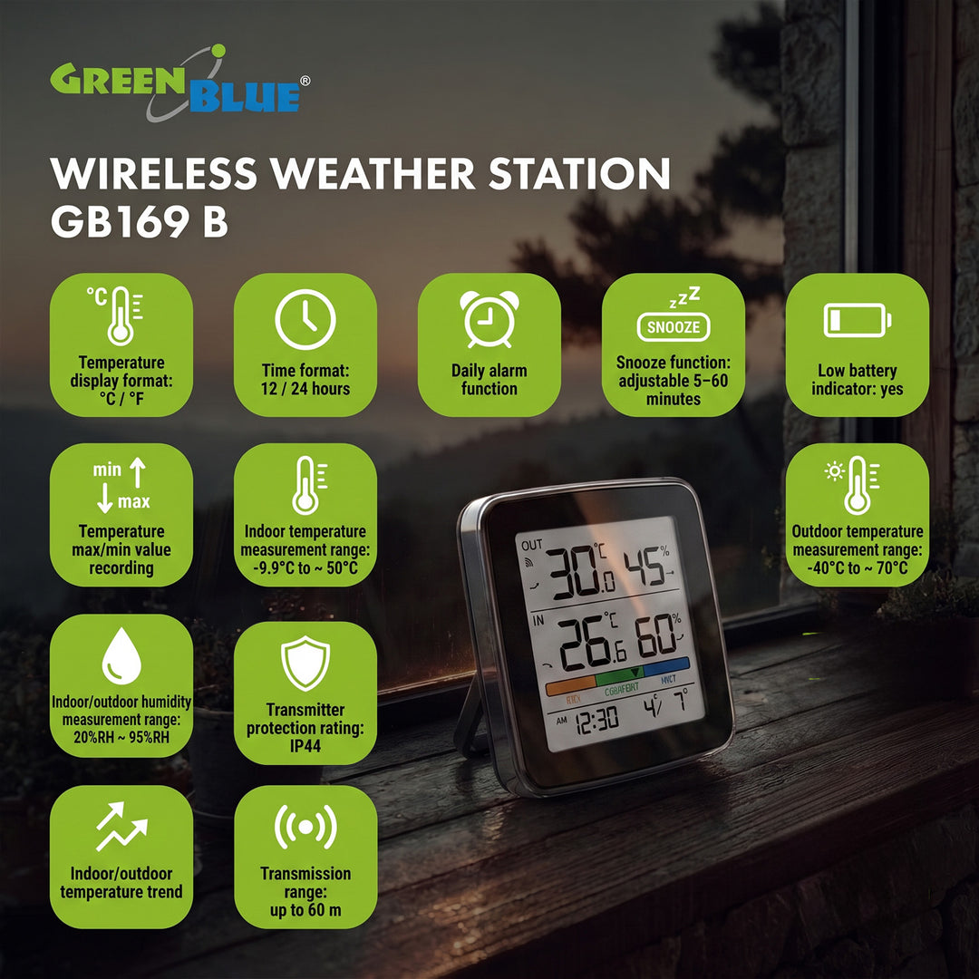 GreenBlue Funk-Wetterstation, Temperatur + Luftfeuchtigkeit IN/OUT, Uhr + Wecker + Datum, °C / °F, bis zu 60 m, schwarz, GB169 B
