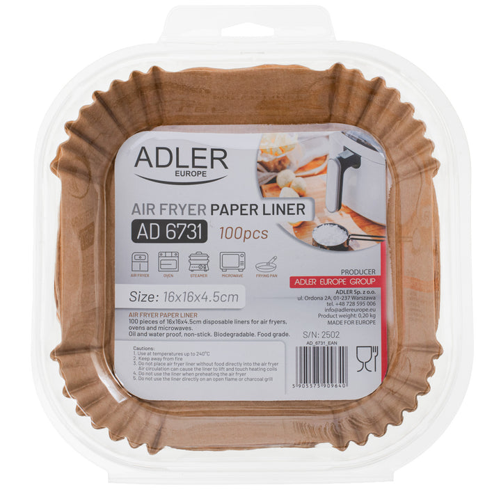 Paper inserts for deep fryers, air fryers, Adler, 16 cm, up to 240°C, biodegradable, 200 pieces, AD 6731