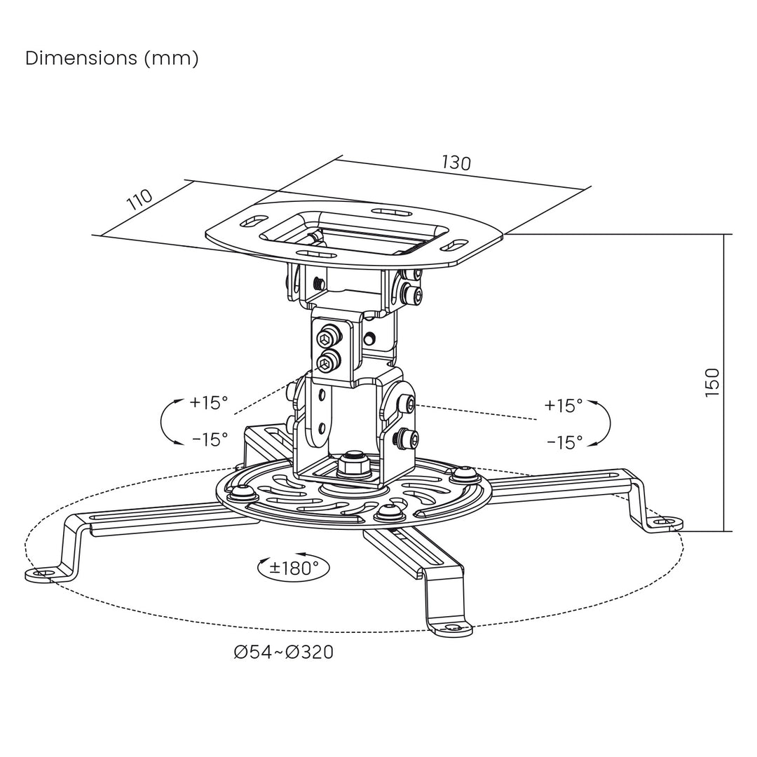 Deckenhalterung für Maclean-Projektoren, 54–320 mm, bis zu 13,5 kg, 360-Grad-Drehung, MC-200 B