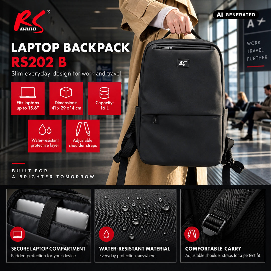 Sac à dos pour ordinateur portable NanoRS, 15,6 pouces, noir, 41 x 29 x 14, imperméable RS202 B