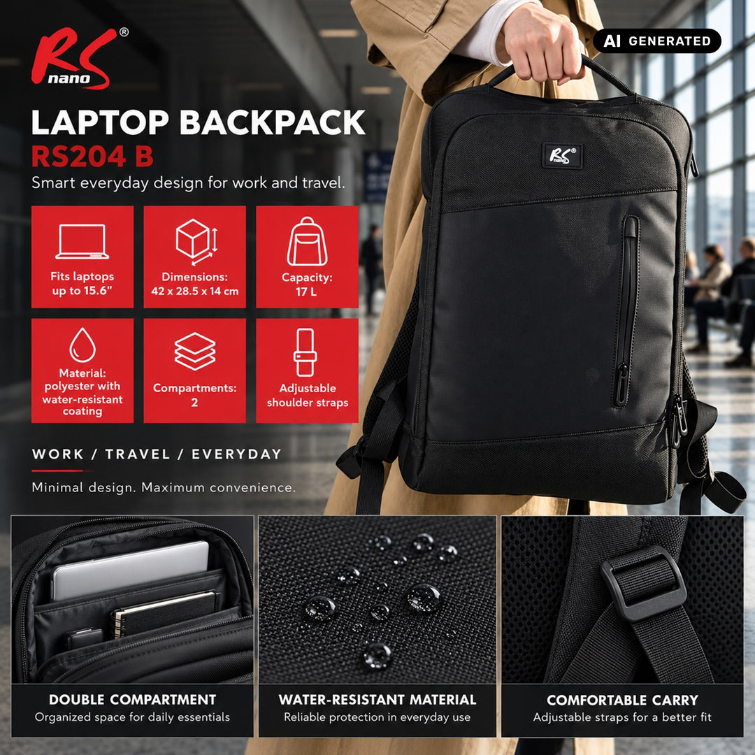 Mochila para portátil NanoRS, 15,6", negra, 42 x 28,5 x 14, impermeable RS204 B