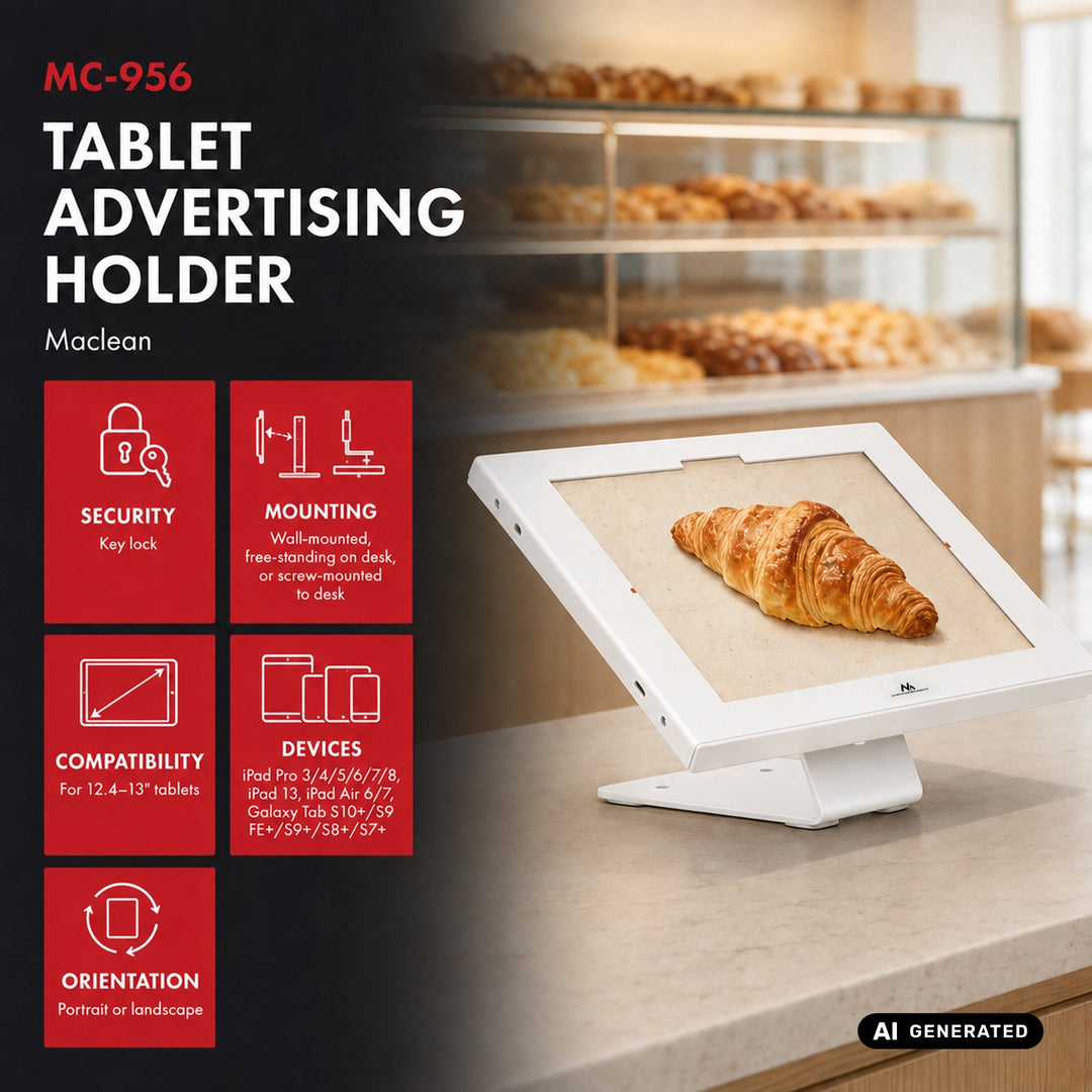 Maclean-Werbehalterung für Tablets, mit Verriegelung, 12,4"-13", iPad Air/Pro, Samsung Tab S10+/S9+/S8+/S7+, 257 x 350 x 22 mm, MC-956 W