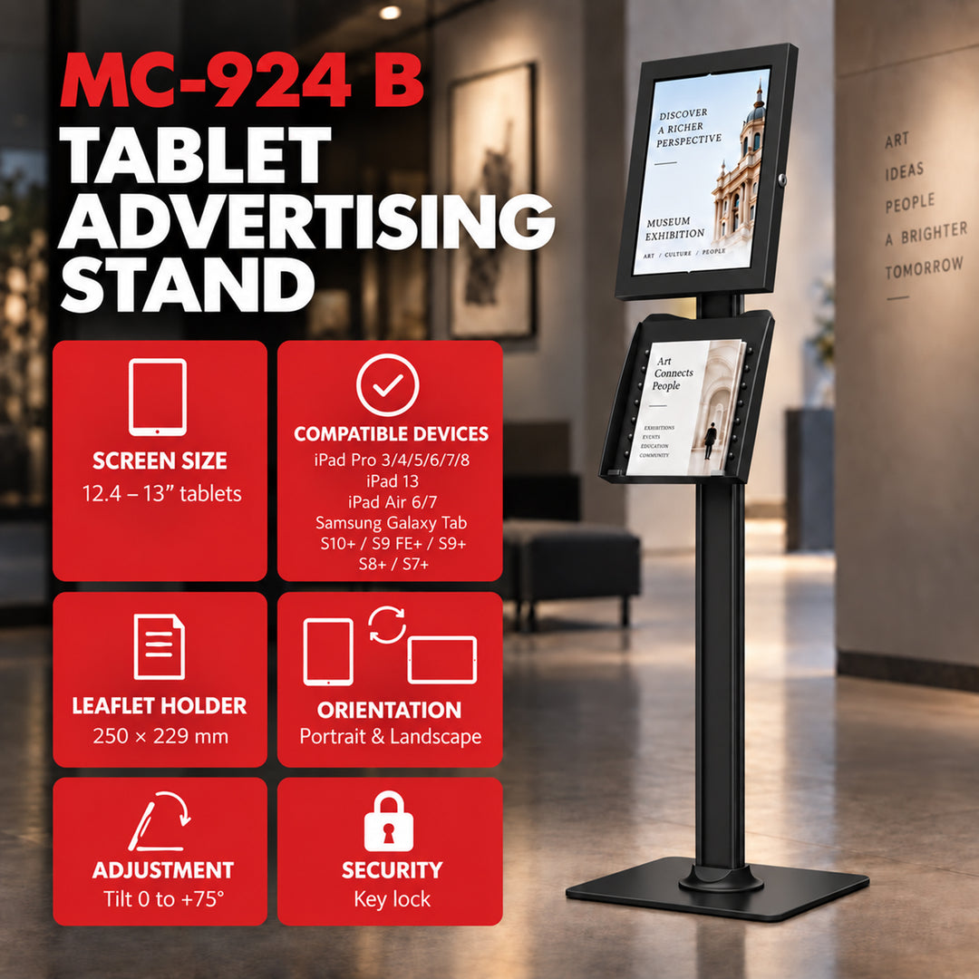 Maclean-Tablet-Halterung mit Verriegelung. 12,4"–13", iPad Air/Pro, Samsung Tab S10+/S9+/S8+/S7+, 257 × 350 × 22 mm, MC-924 B