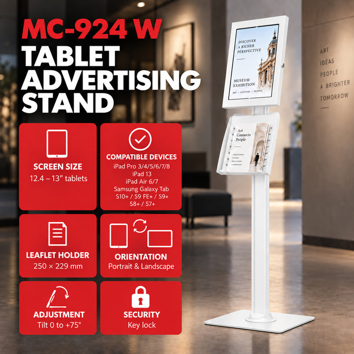 Maclean-Werbehalterung für Tablets, mit Arretierung, 12,4"–13", iPad Air/Pro, Samsung Tab S10+/S9+/S8+/S7+, 257 × 350 × 22 mm, MC-924 W