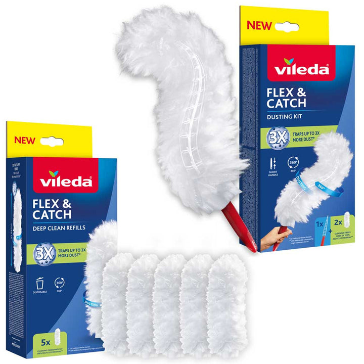 Vileda Flex&Catch Staubwedel, mit kurzem Stiel, Rutschschutz, flexibler Kopf + 5 Ersatzblätter