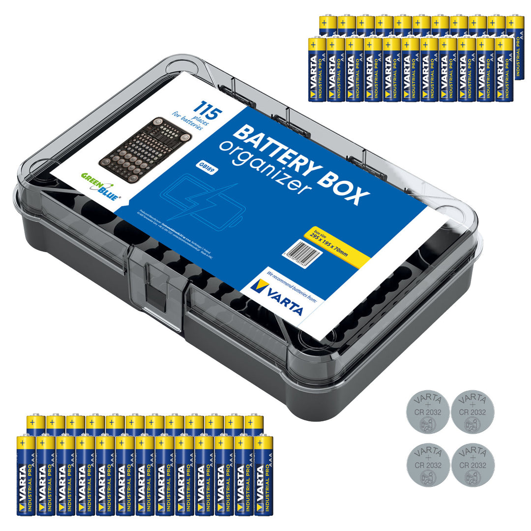 GreenBlue Varta Box GB189 battery organizer + 22x Varta Industrial AA batteries + 25x Varta Industrial AAA batteries + 4x Varta CR2032 lithium batteries