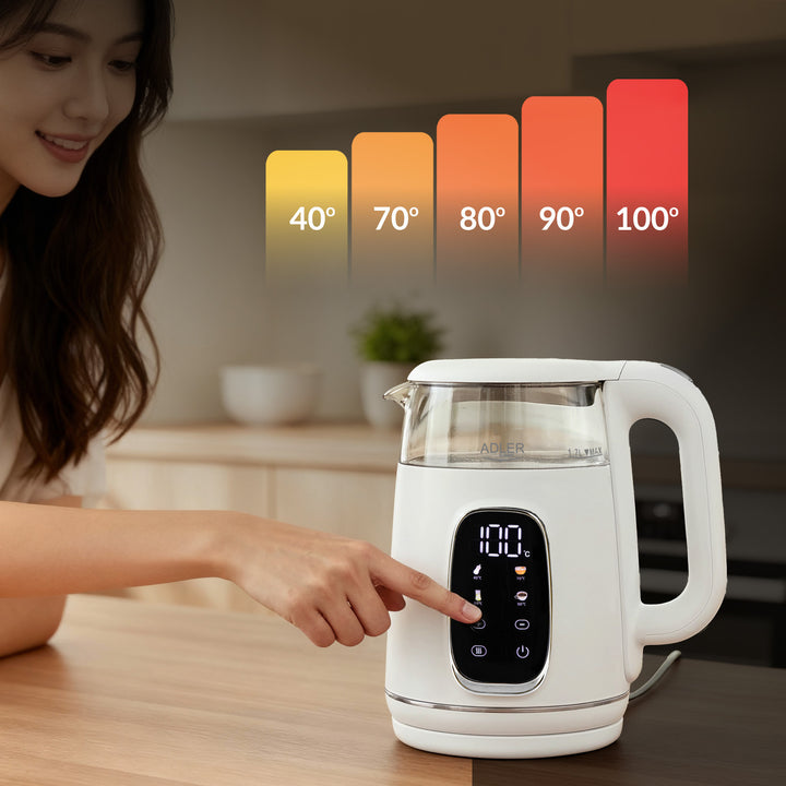 Bouilloire électrique en verre avec réglage de la température 1,7 L, LED, 40-100 °C, Adler AD 1305 WS blanc