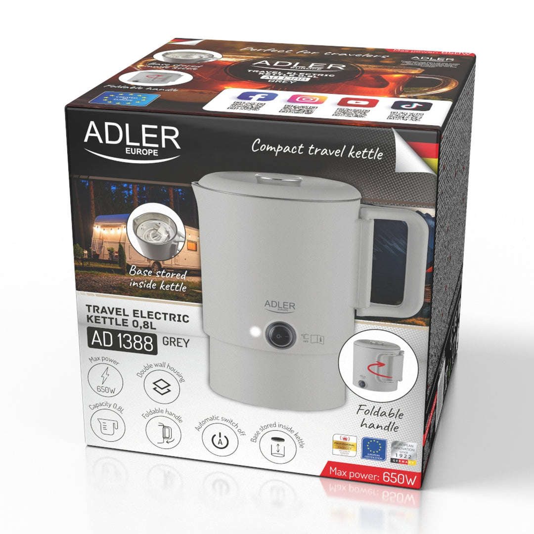 Adler electric kettle, travel kettle, double walls, capacity 0.8 l, max. power 650 W, gray, AD 1388